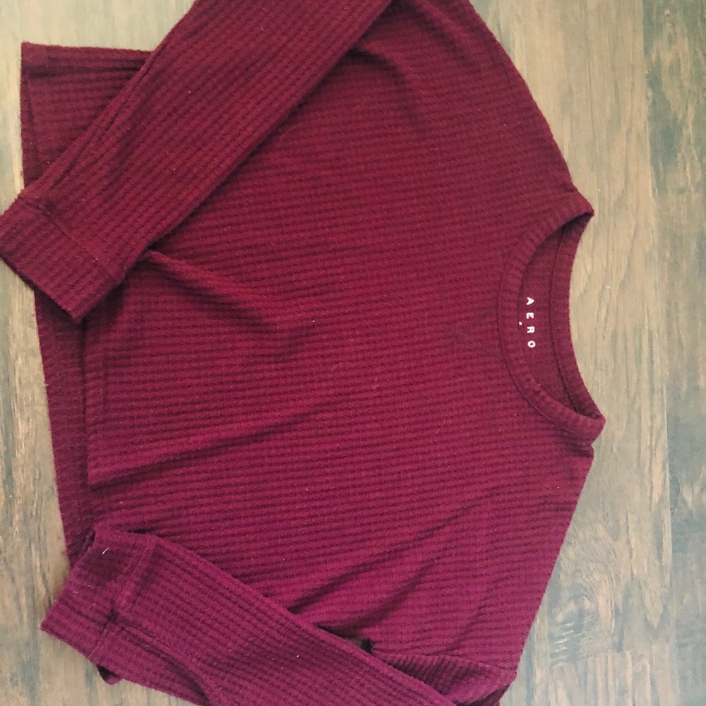 Aero burgundy waffle knit long sleeve crop top